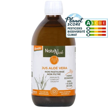 Jus d’Aloé Vera Bio 500ml – vue de face de la bouteille – NaturAloé