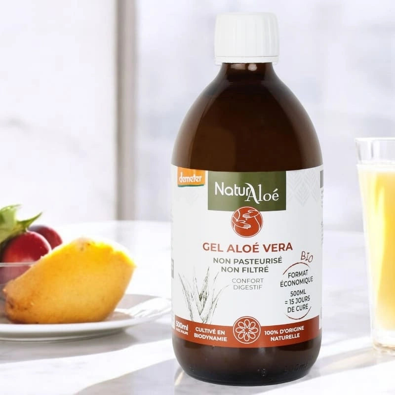 Gel d’Aloé Vera à boire – flacon posé en cuisine – NaturAloé