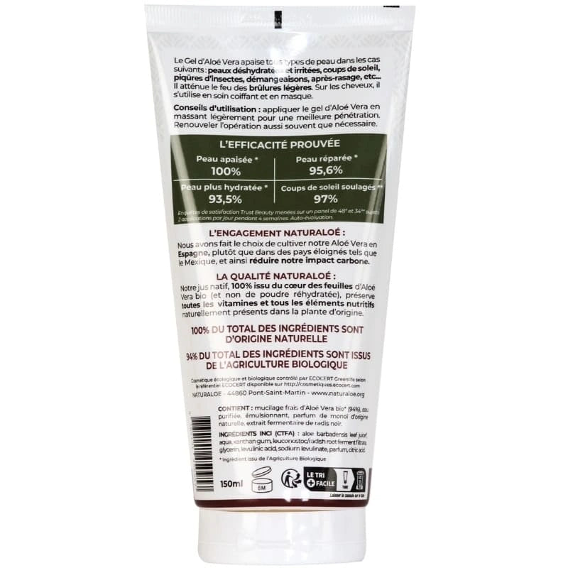 Gel Originel à l’Aloé Vera Bio – vue arrière du tube avec ingrédients - Naturaloé