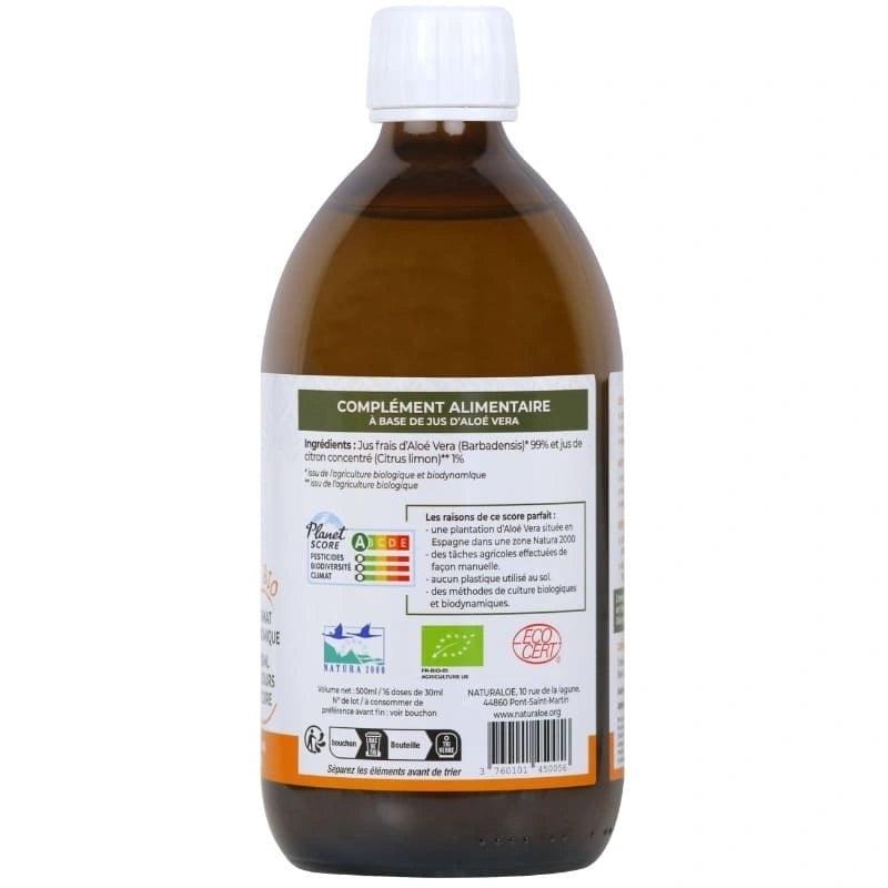Jus d’Aloé Vera Bio 500ml – vue de dos ingrédients – NaturAloé