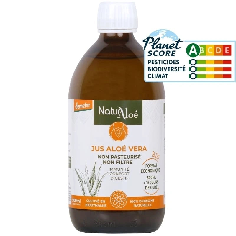Jus d’Aloé Vera Bio 500ml – vue de face de la bouteille – NaturAloé
