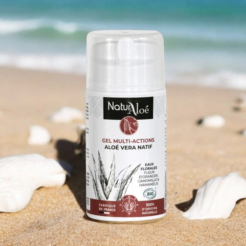 Gel multi-actions - flacon vue de face ambiance plage – NaturAloé