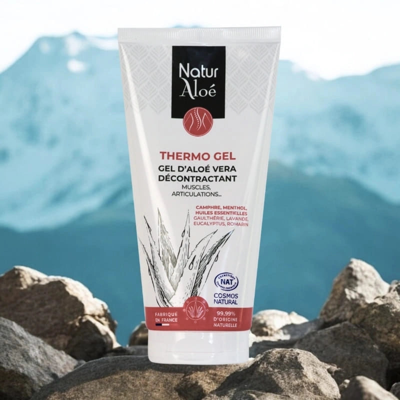 Thermo-gel décontractant musculaire - flacon vue de face ambiance montagne – NaturAloé