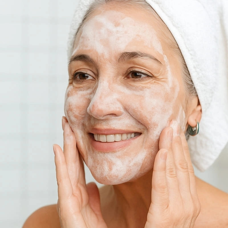 Femme nettoyant son visage avec l’émulsion – NaturAloé