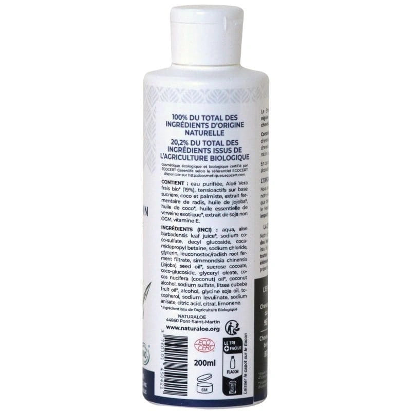 Shampoing Soin à l’Aloé Vera Bio – dos du flacon avec ingrédients - Naturaloé